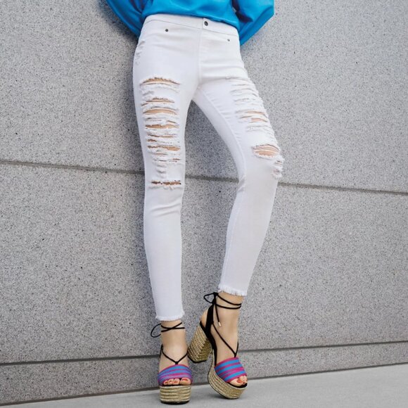 Zeza B by Hue Midnight Rinse Shredded Denim Skimmer Leggings Size Small ZL18066 - Picture 6 of 8